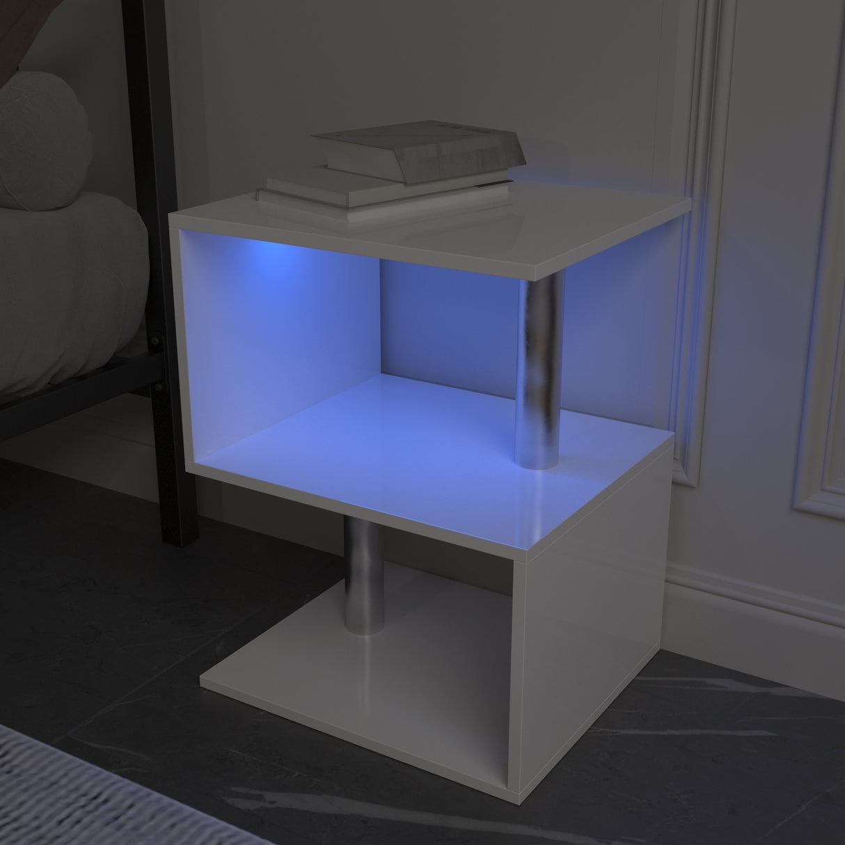 3-layer S-shaped coffee table, high gloss side table with open storage rack and USB power supply, white LED coffee table - V.I.P Digital Presence