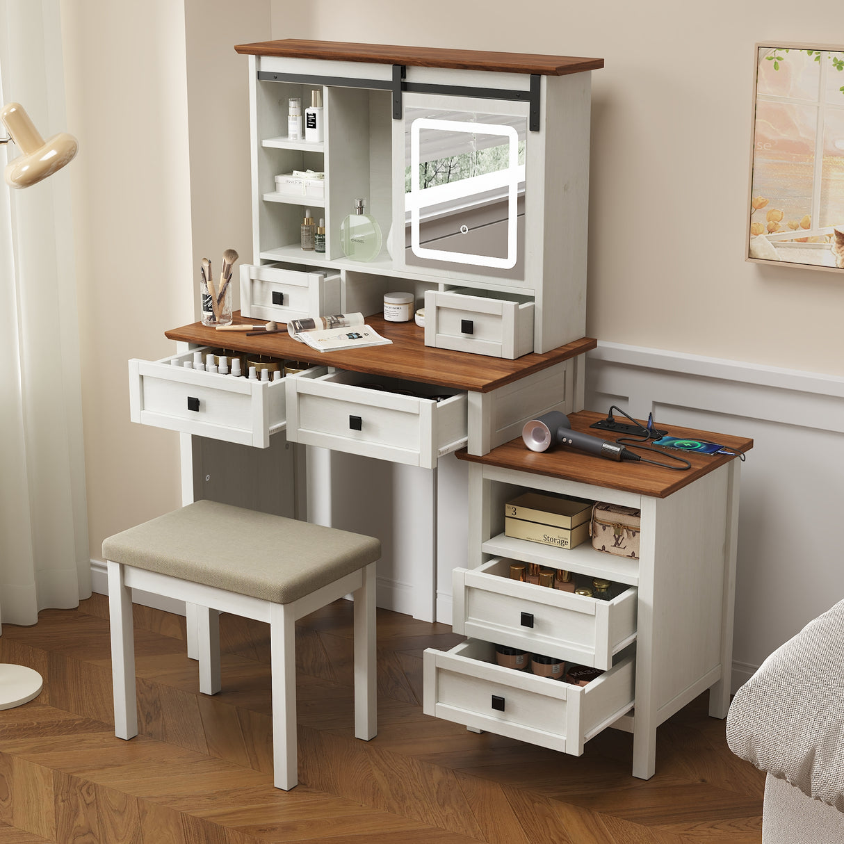 46.5-inch dressing table with adjustable LED lighting mirror and charging station, equipped with soft cushioned stool - V.I.P Digital Presence