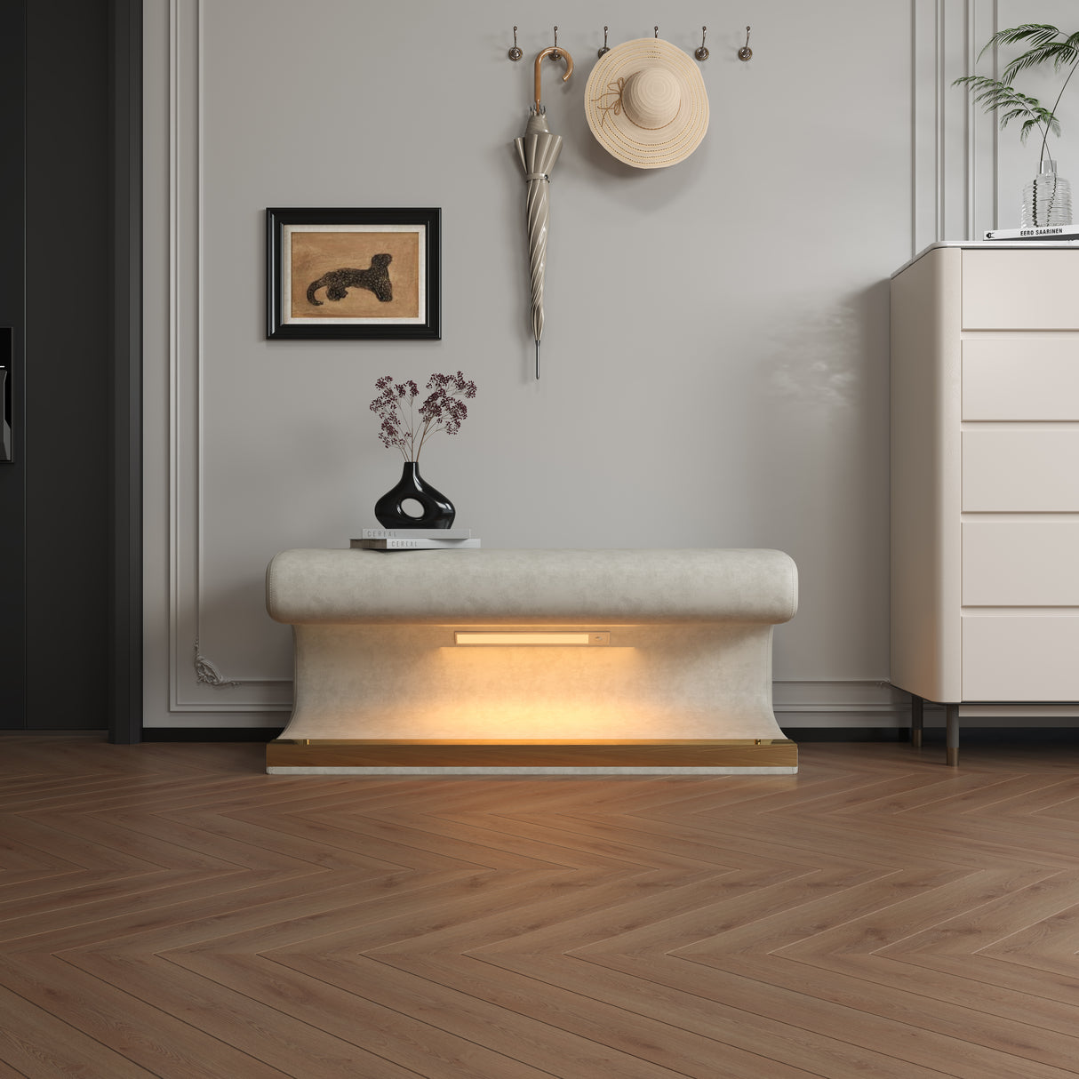 Entryway Bench Leather Upholstered Ottoman with LED sensor light for living room ,bedroom,end of bed ,Beige - V.I.P Digital Presence