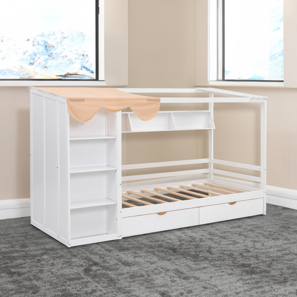 Twin size House Bed with Two Drawers and Wardrobe,White - V.I.P Digital Presence