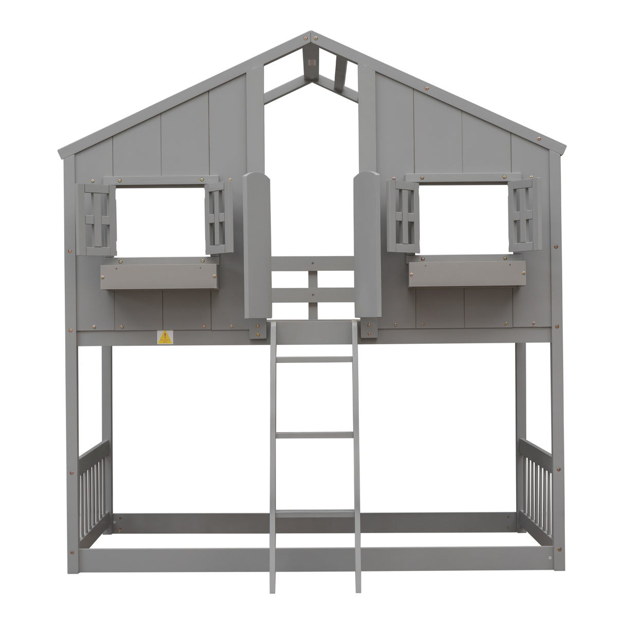 Twin over Twin House Bunk Bed with Roof , Window, Window Box, Door , with Safety Guardrails and Ladder, Grey - V.I.P Digital Presence