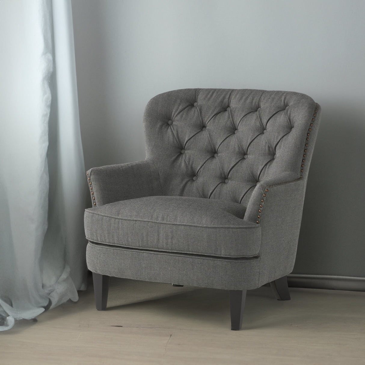 Modern grey fabric club chair and Ottoman set, stylish cushioned armchair, paired with Ottoman style - V.I.P Digital Presence
