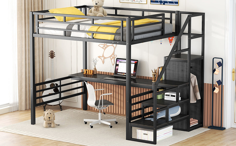Full Size Metal Loft Bed with Desk, Storage Staircase and Small Wardrobe, Storage stairs can be installed left and right,Black - V.I.P Digital Presence