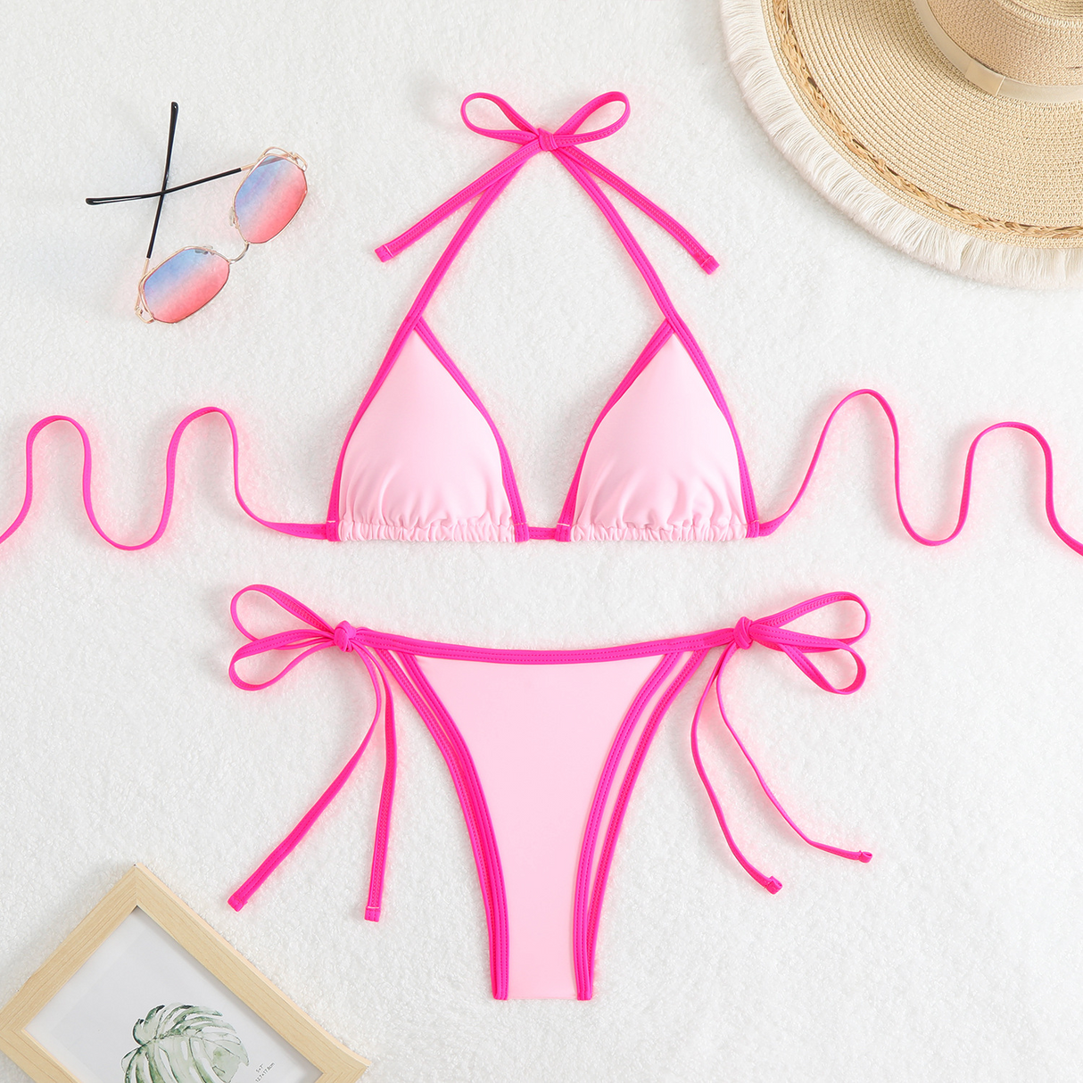 Nylon solid color women's split sexy triangle color bikini tie beach hot spring swimsuit swimsuit - V.I.P Digital Presence
