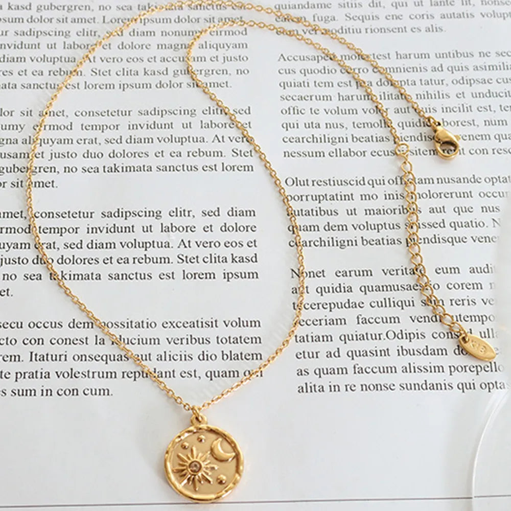 Zircon Star Moon Romantic Necklace Titanium Steel Gold Plated Round Pendant Neck Chain - V.I.P Digital Presence