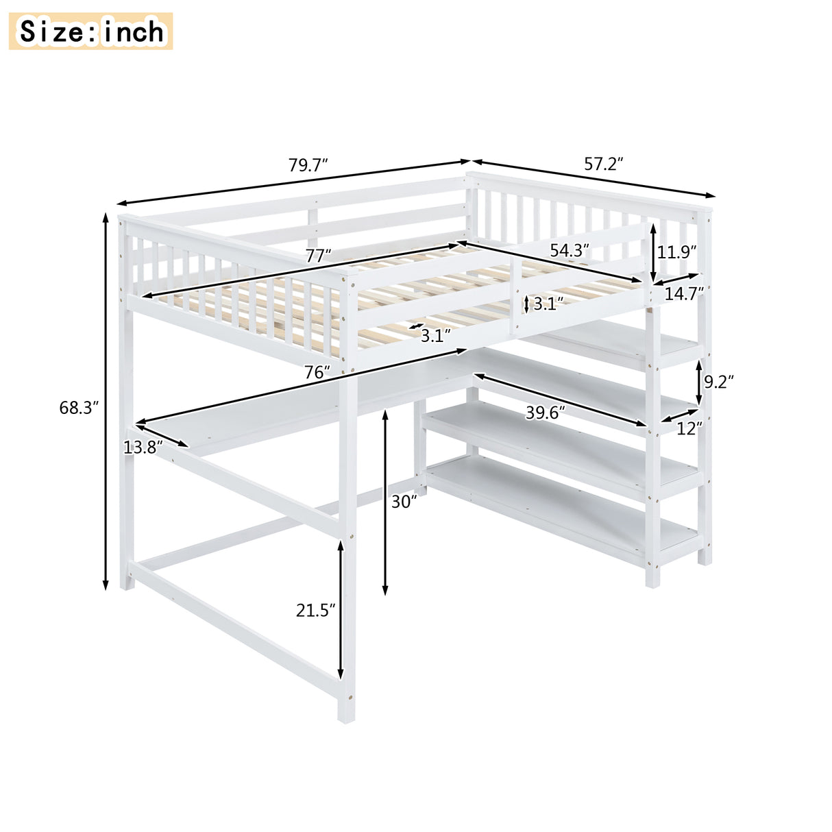 Full Size Loft Bed with Storage Shelves and Under-bed Desk White