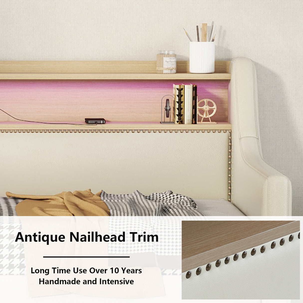 Twin Size Daybed with Storage Drawers, Upholstered Daybed with Charging Station and LED Lights, Beige - V.I.P Digital Presence