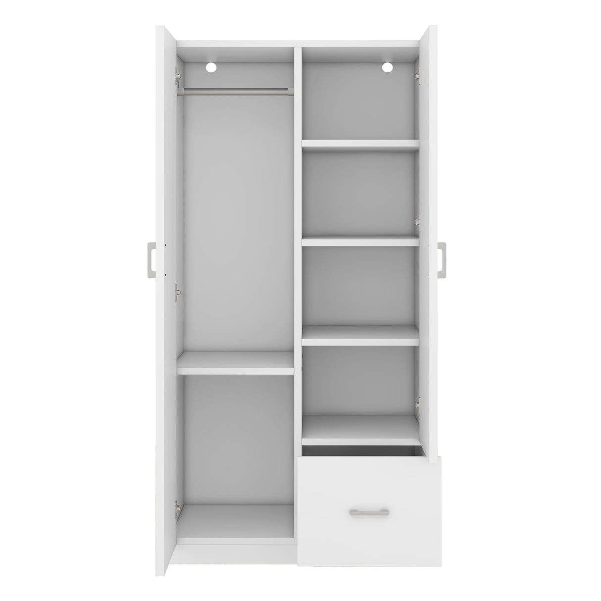 Wooden Wardrobe with Double Doors, Armoire with Hanging Rod, 5 Fixed Shelves, One Storage Drawer,White - V.I.P Digital Presence