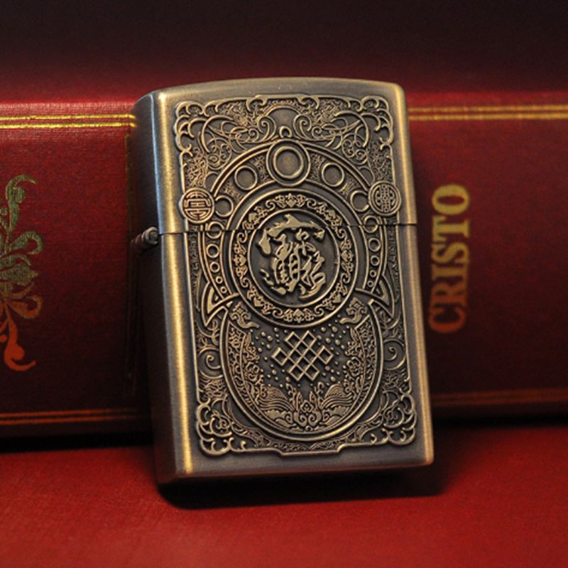 Kerosene lighter windproof retro style grinding wheel personalized bronze relief fuel dispenser - V.I.P Digital Presence