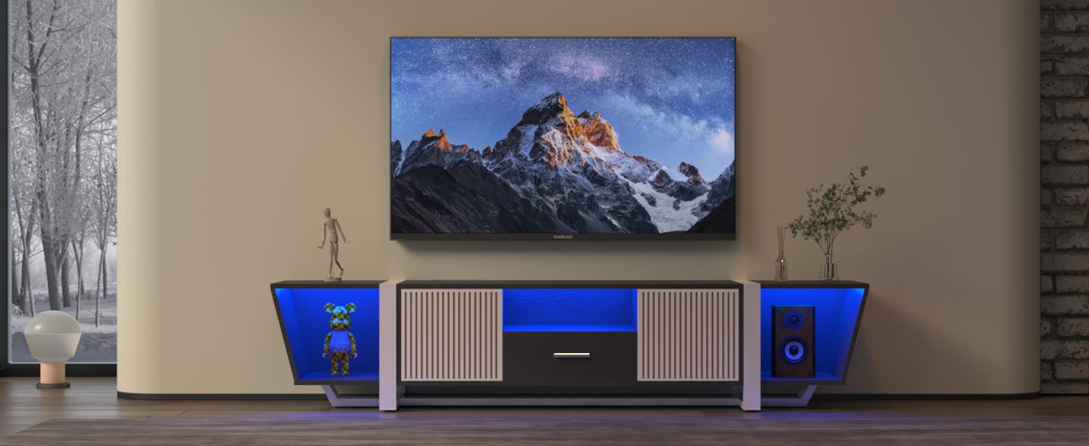 TV console with storage cabinet, dual flat LED TV stand with remote control, multi-mode light with power cord, black - V.I.P Digital Presence