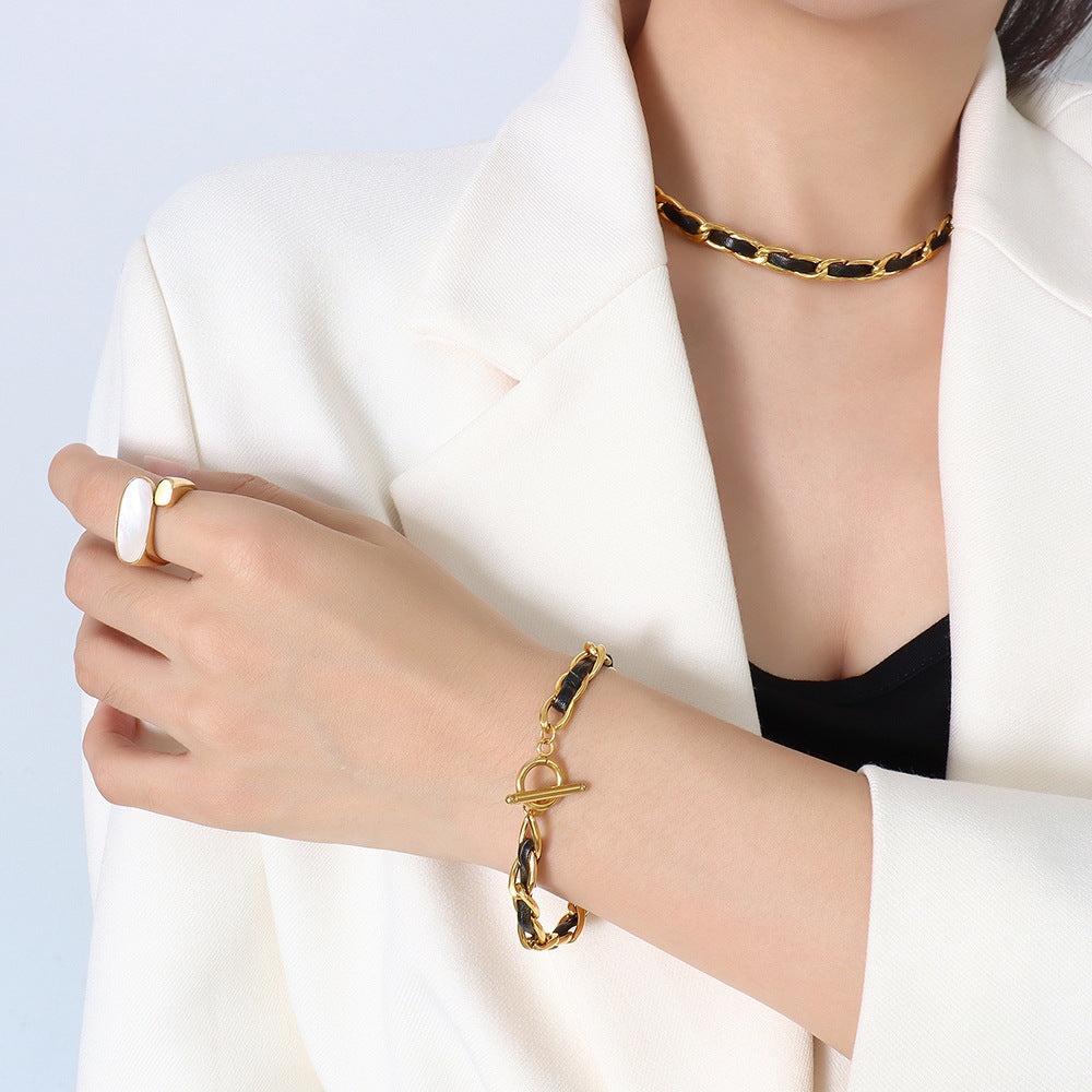 Hip hop design neck chain titanium steel plated 18k real gold leather rope necklace - V.I.P Digital Presence