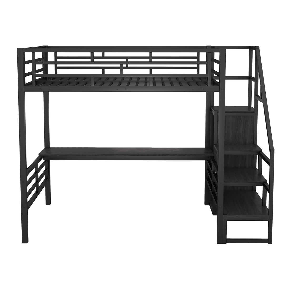 Full Size Metal Loft Bed with Desk, Storage Staircase and Small Wardrobe, Storage stairs can be installed left and right,Black - V.I.P Digital Presence