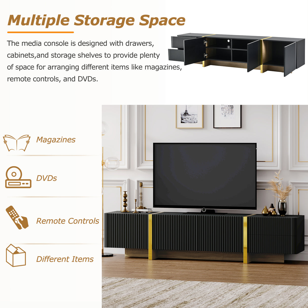 Luxury Fluted TV Stand for TVs Up to 80'', Modern Entertainment Center with Storage Cabinets & Drawers Black - V.I.P Digital Presence