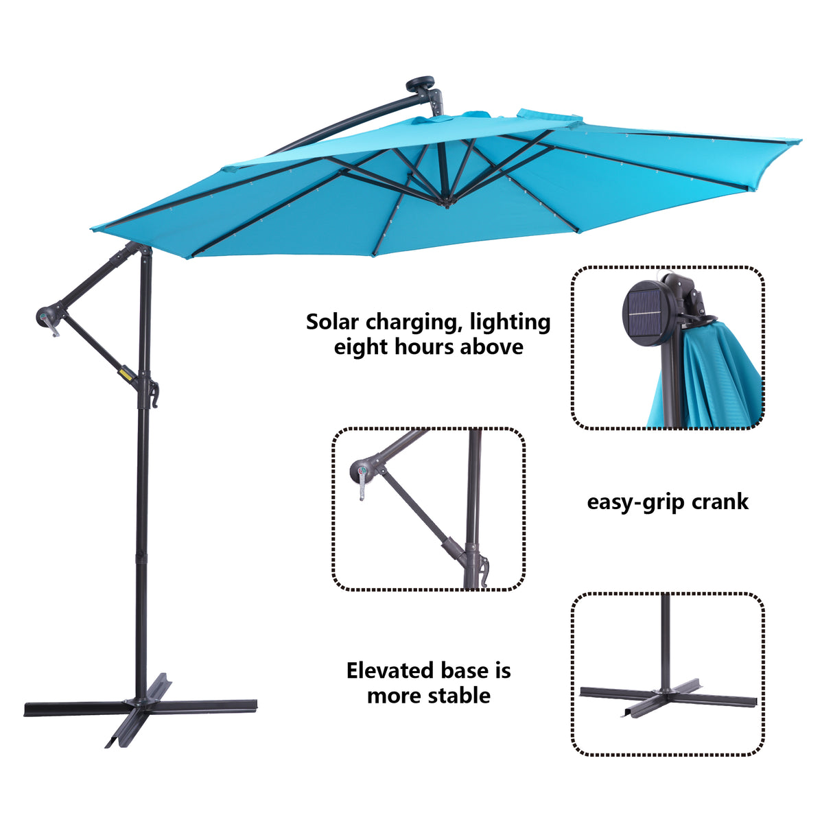 10 FT Solar LED Patio Outdoor Umbrella Hanging Cantilever Umbrella Offset Umbrella Easy Open Adustment with 32 LED Lights - V.I.P Digital Presence
