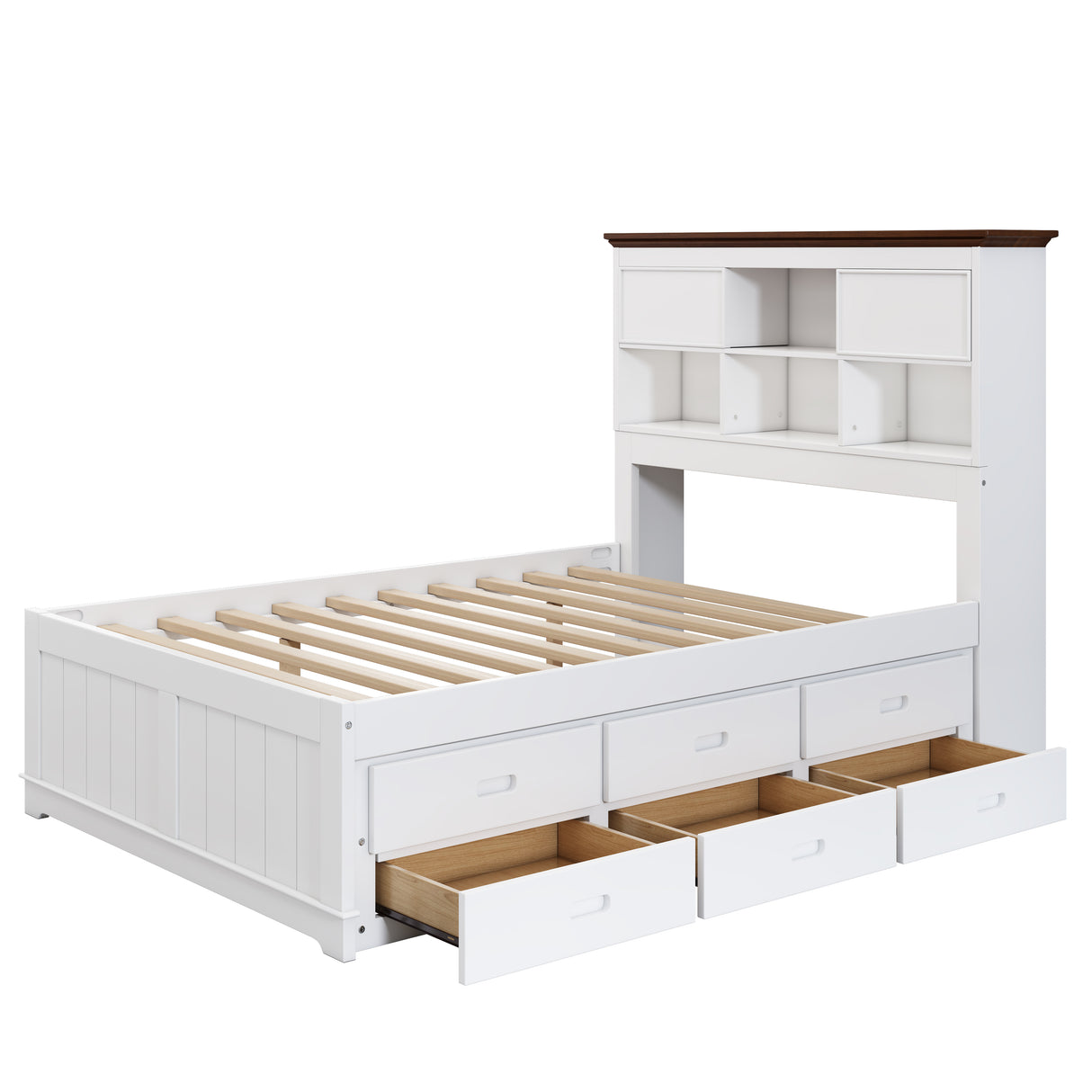 Solid Pine Captain Bookcase Bed with Trundle Bed and 3 Spacious Under Bed Drawers in Casual,Full, White+Walnut - V.I.P Digital Presence