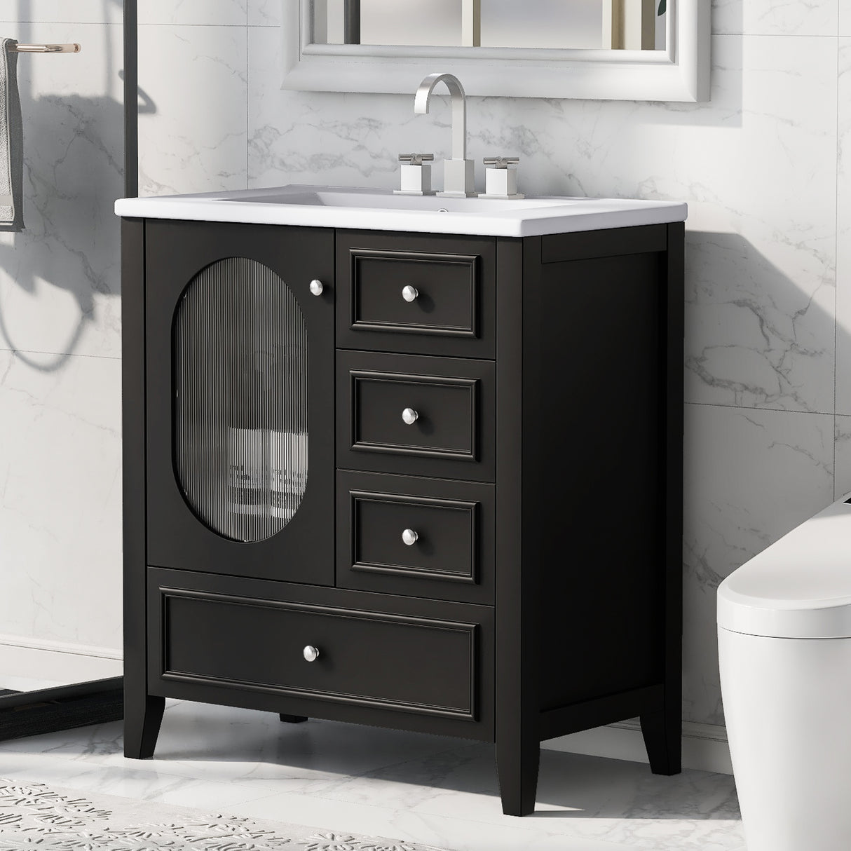 30" Bathroom Vanity with Sink, Bathroom Vanity Cabinet with Three Drawers and Door, Solid Wood and MDF, Black - V.I.P Digital Presence