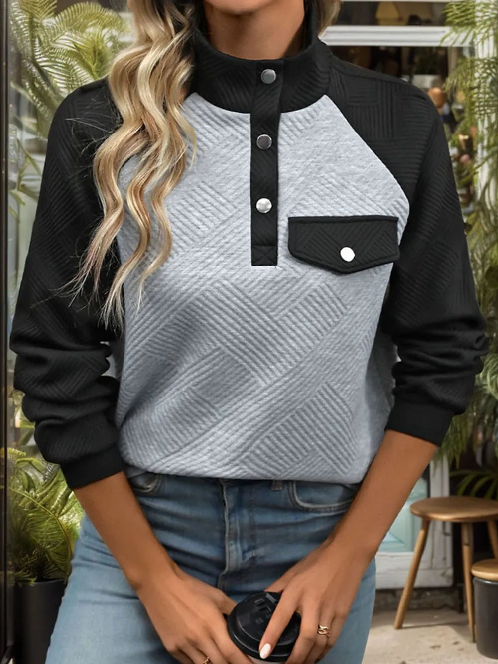 Contrast Textured Long Sleeve Sweatshirt - V.I.P Digital Presence