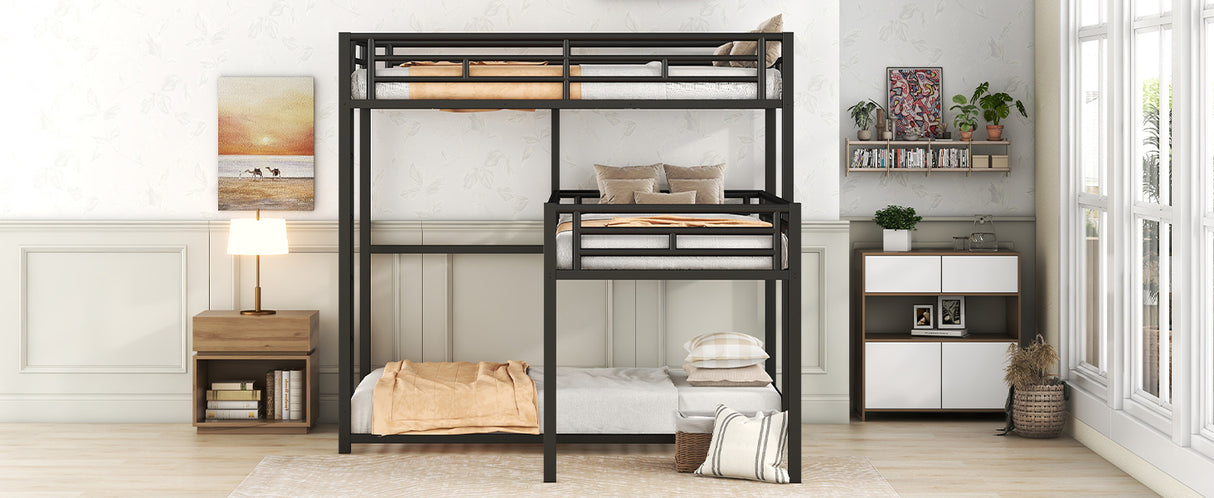 L-shaped Metal Triple Twin Size Bunk Bed, Black - V.I.P Digital Presence