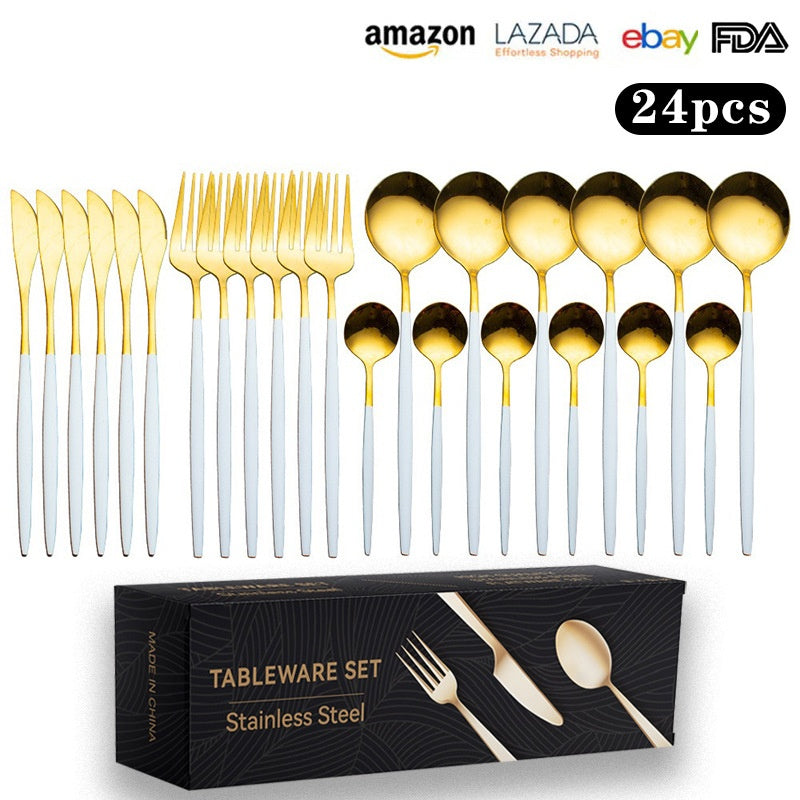 Cutlery Set Stainless Steel Knife Fork Set 24-Piece Tableware Set Golden Steak Knife Fork Spoon 6-Person Set - V.I.P Digital Presence