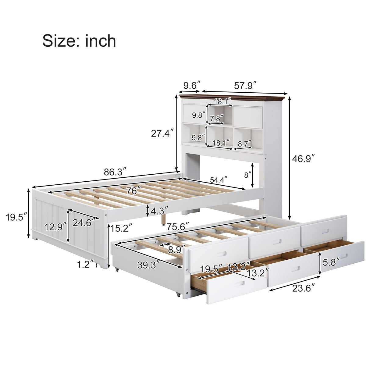 Solid Pine Captain Bookcase Bed with Trundle Bed and 3 Spacious Under Bed Drawers in Casual,Full, White+Walnut - V.I.P Digital Presence