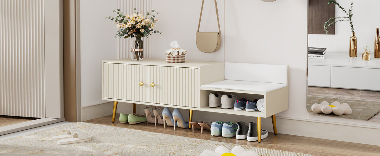 Modern Shoe Storage Bench with Hidden Storage and Upholstered Cushions for Bedside, Living Room and Entryway ((Antique White) - V.I.P Digital Presence