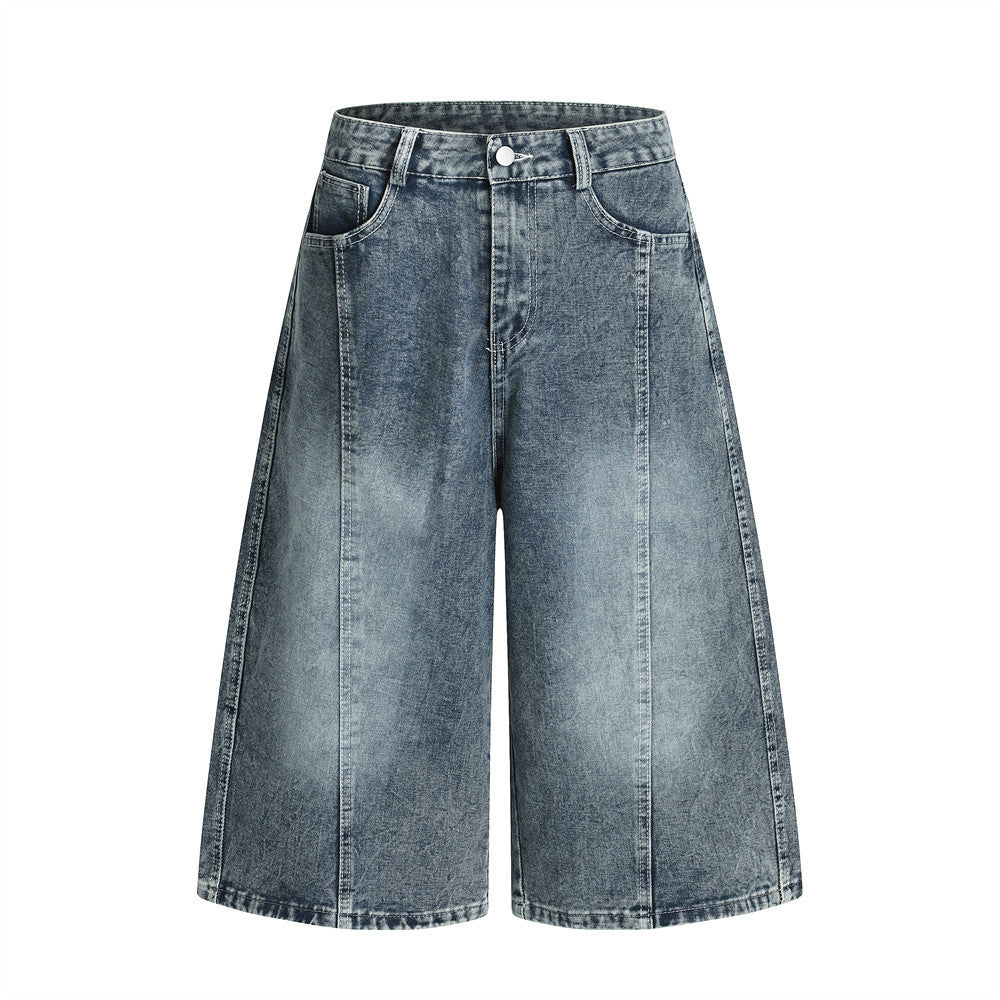 Punk Washed Distressed Denim Shorts Men's Summer Plaid Belted Contrast Pocket Loose Wide-Leg Three-Quarter Pants - V.I.P Digital Presence