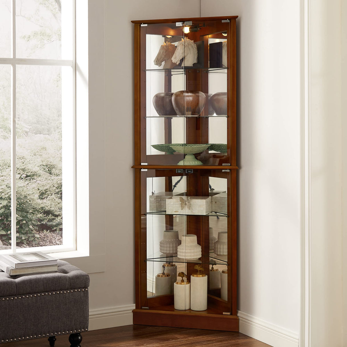 Corner Curio Dispaly Cabinet with Lights, Adjustable Tempered Glass Shelves, Mirrored Back,Walnut(E26 light bulb not included) - V.I.P Digital Presence