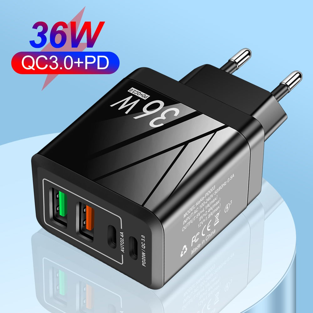 Cargador de teléfono PD QC3.0+2.4A Tipo-c con 2 USB de carga rápida