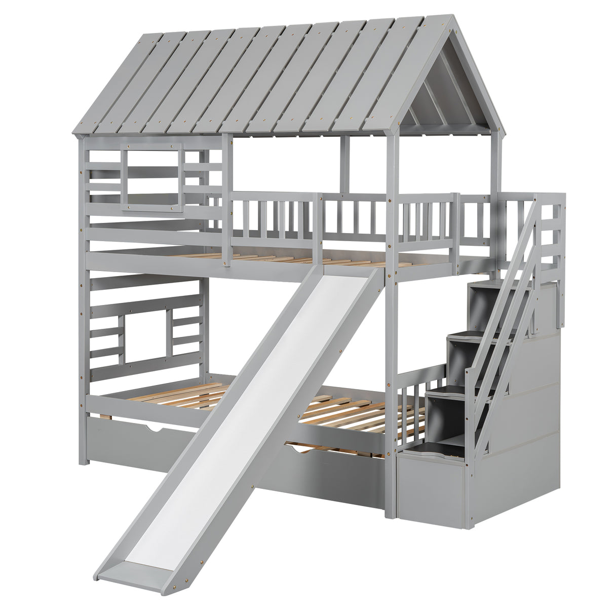 Twin over Twin House Bunk Bed with Trundle and Slide Storage Staircase, Roof and Window Design Gray