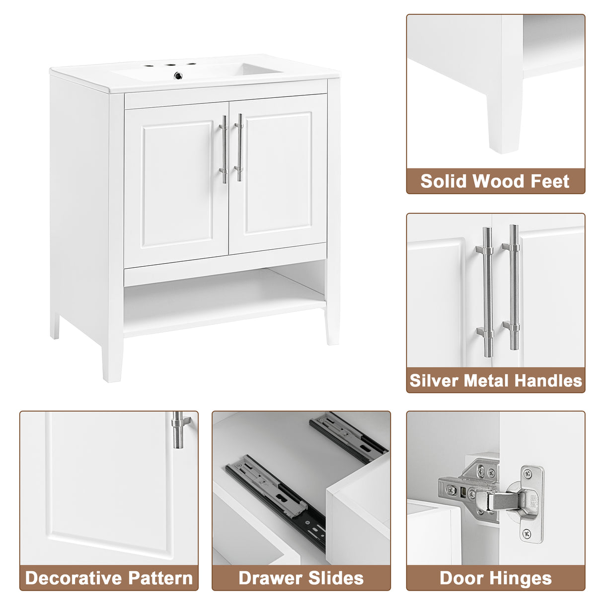 30" Bathroom Vanity with Sink Multi-functional Bathroom Cabinet with Doors and Drawers Solid Frame and MDF Board, White - V.I.P Digital Presence