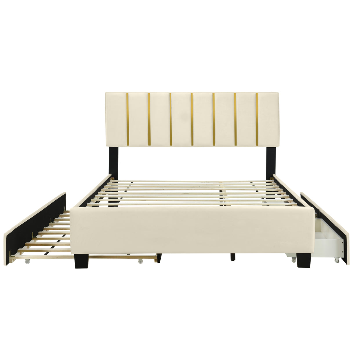 Queen Size Upholstered Platform Bed with 2 Drawers and 1 Trundle, Classic Metal Strip Headboard Design, Beige - V.I.P Digital Presence