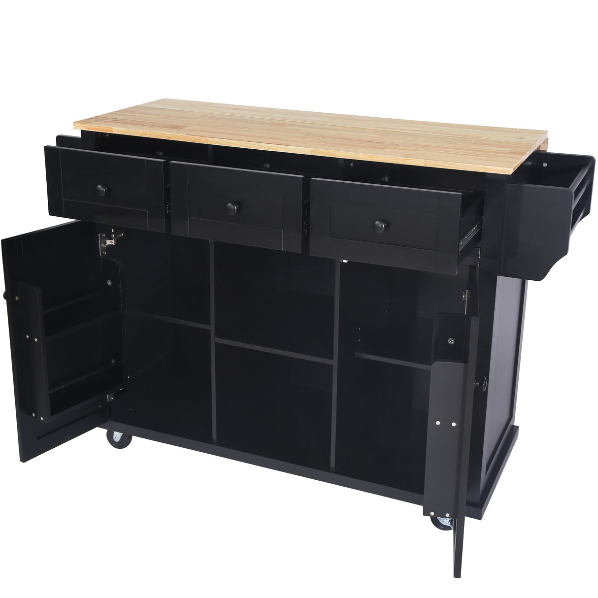 Kitchen trolley with rubber wood leaf countertop, 5-wheel kitchen island, storage cabinet and 3 dining drawers, black - V.I.P Digital Presence