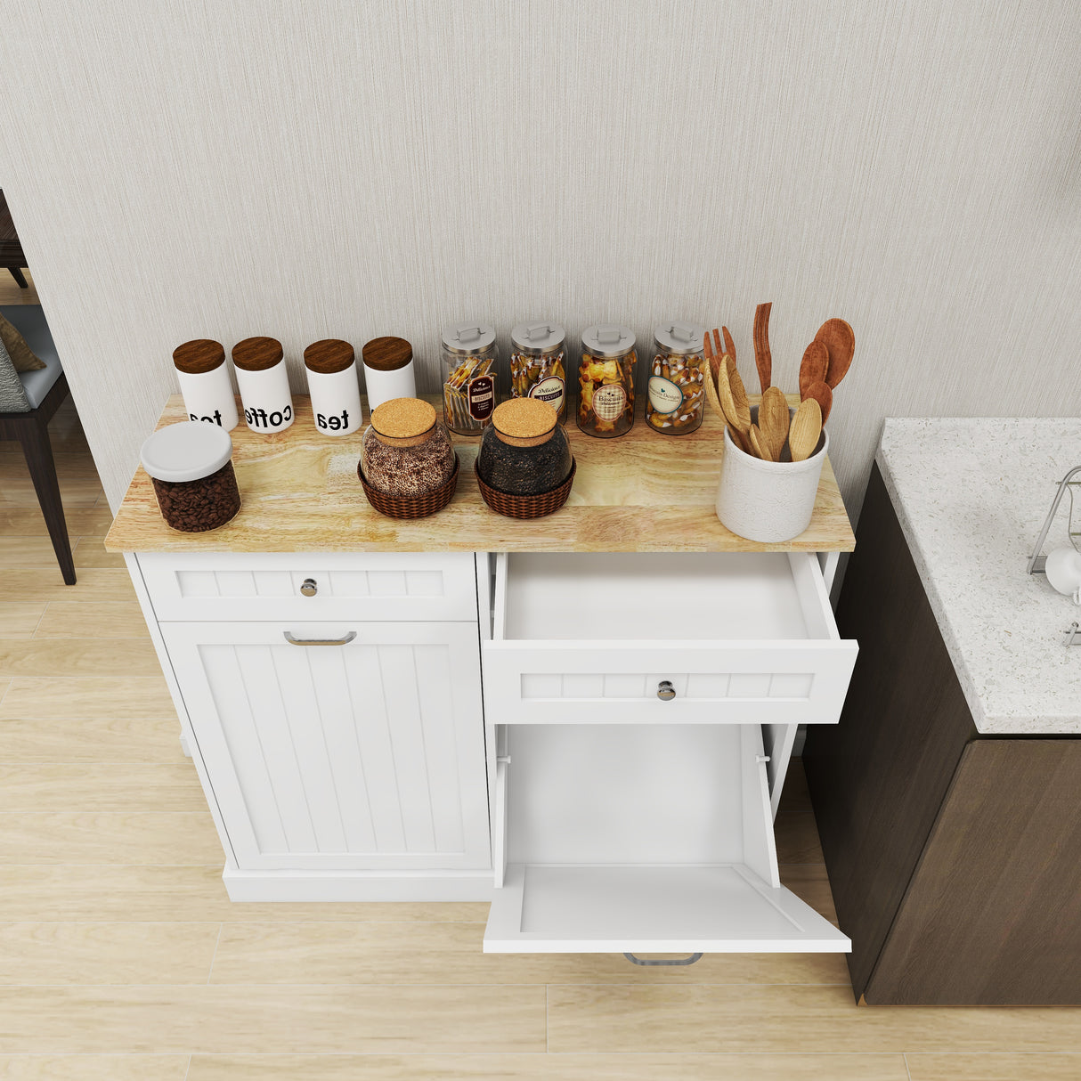 Two Drawers and Two-Compartment Tilt-Out Trash Cabinet Kitchen Trash Cabinet-White - V.I.P Digital Presence