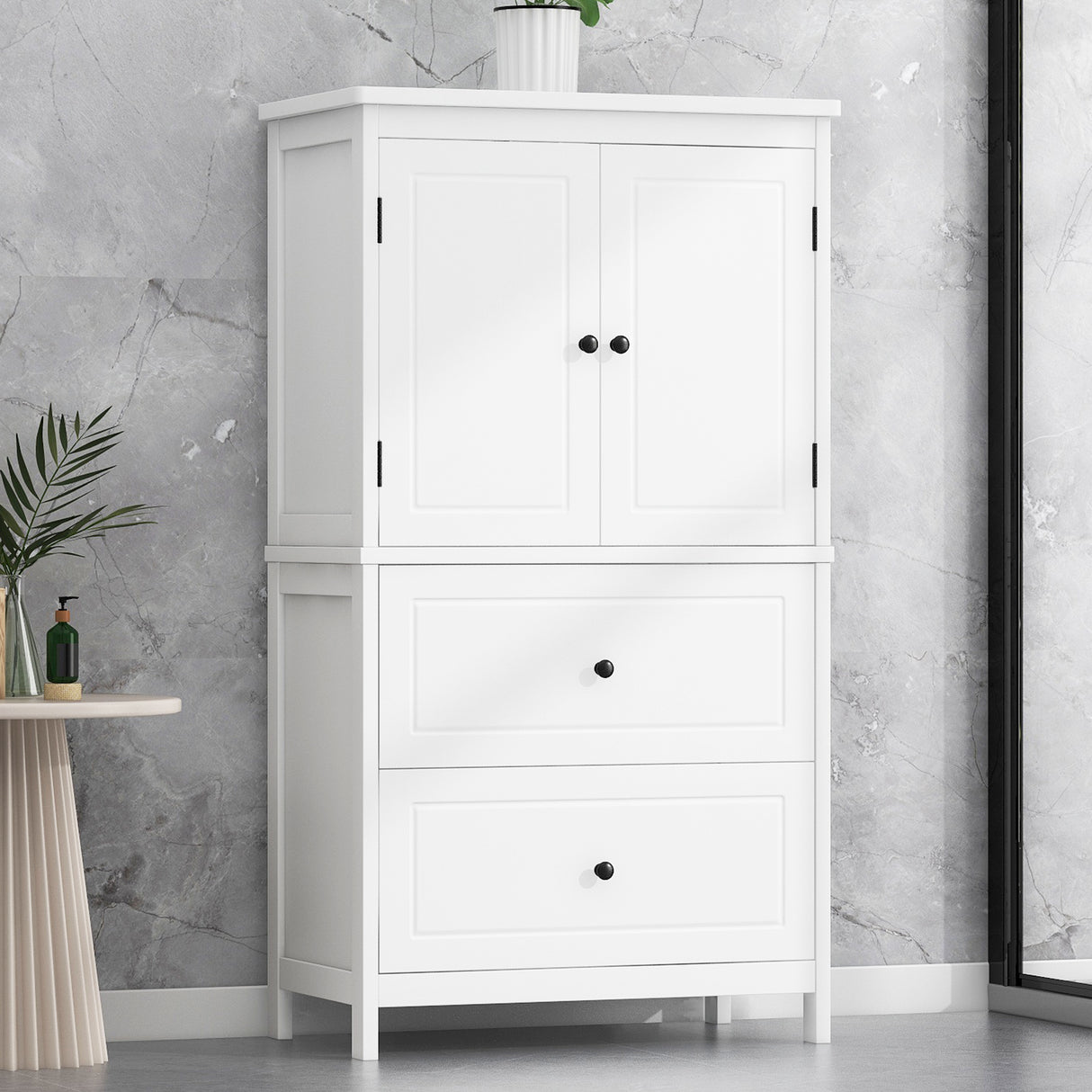 Bathroom Storage Cabinet, Cabinet with Two Doors and Drawers, Adjustable Shelf, MDF Board, White - V.I.P Digital Presence