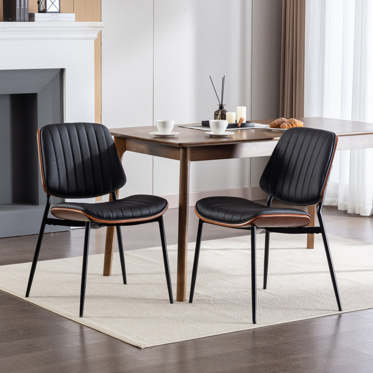 2-piece retro linen chair set with curved wooden backrest, cushioned seat, adjustable metal legs, (Black PU) - V.I.P Digital Presence