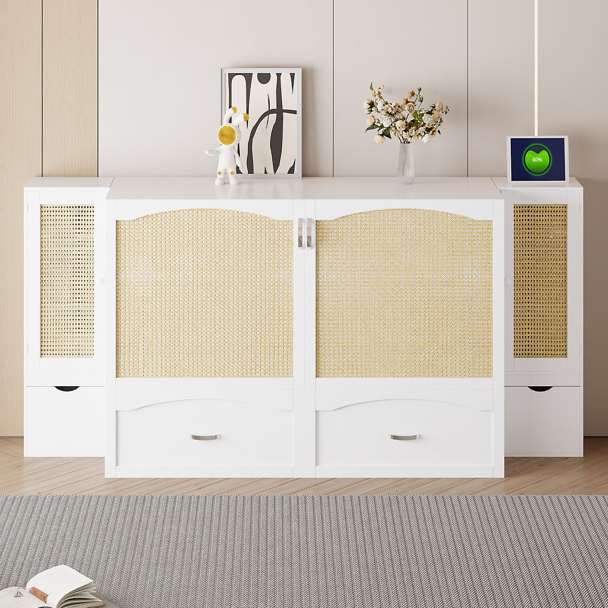 Large Murphy bed wall mounted bed with drawers, 2 storage cabinets, 1 set of sockets and USB ports, white - V.I.P Digital Presence
