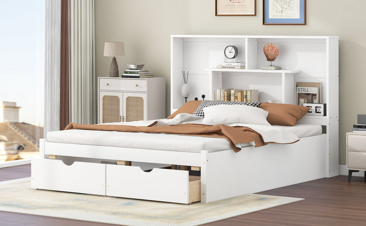 Queen Size Platform Bed with Storage Headboard and 2 Drawers, White - V.I.P Digital Presence