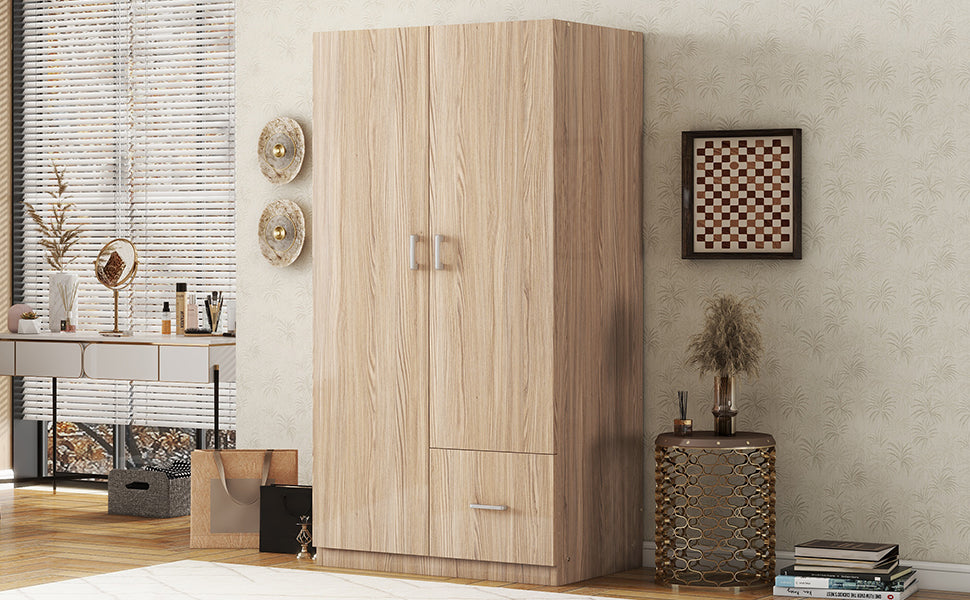 Wooden Wardrobe with Double Doors, Armoire with Hanging Rod, 5 Fixed Shelves, One Storage Drawer,Natural - V.I.P Digital Presence