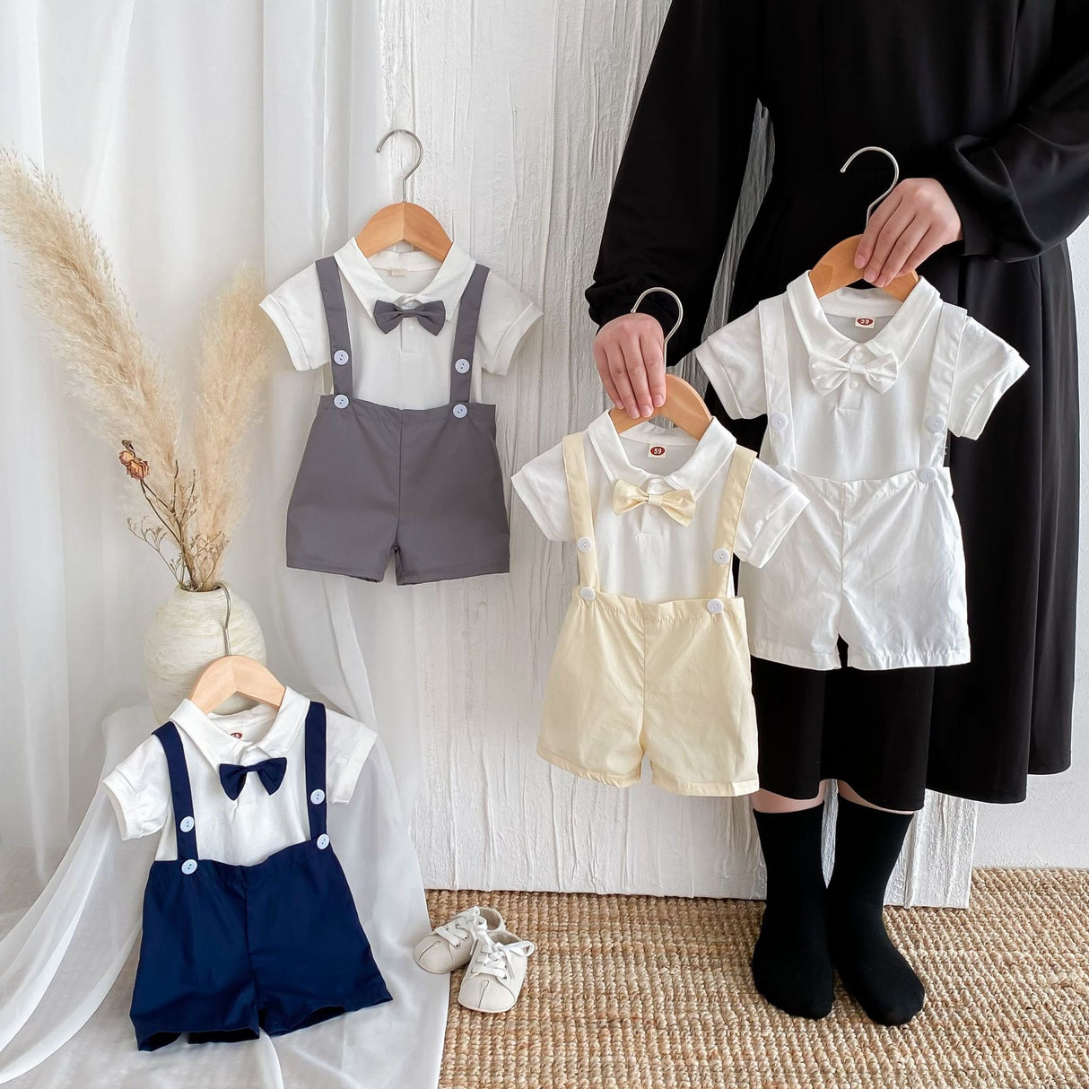 Summer baby hoodie tie suspender shorts two-piece set for gentlemen's one month and one year old dress suspender pants - V.I.P Digital Presence