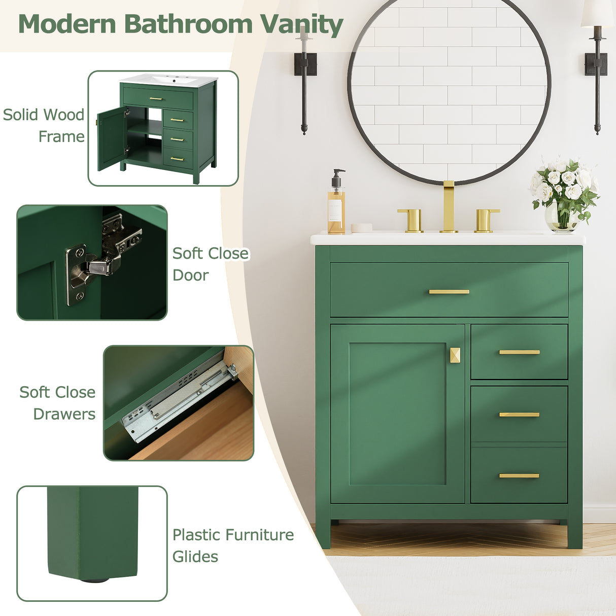 30-Inch Green Bathroom Vanity with Ceramic Sink and Ample Storage - Ideal Choice for Small Bathrooms - V.I.P Digital Presence