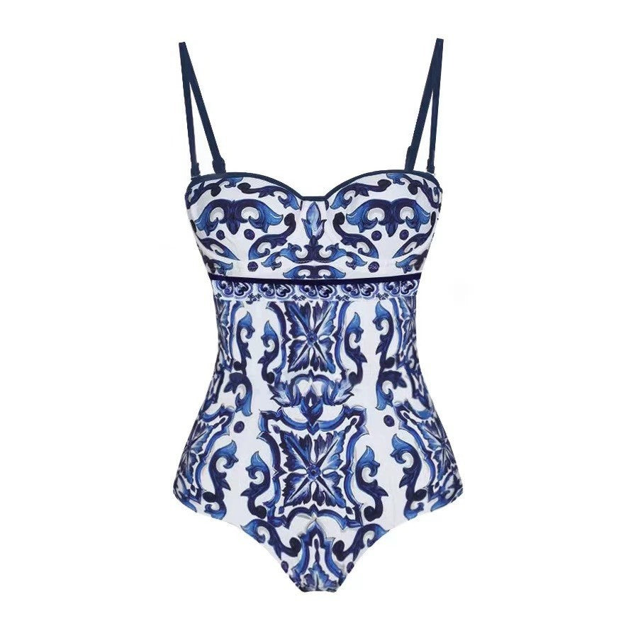 Blue and white porcelain print retro beach vacation hot spring swimsuit - V.I.P Digital Presence