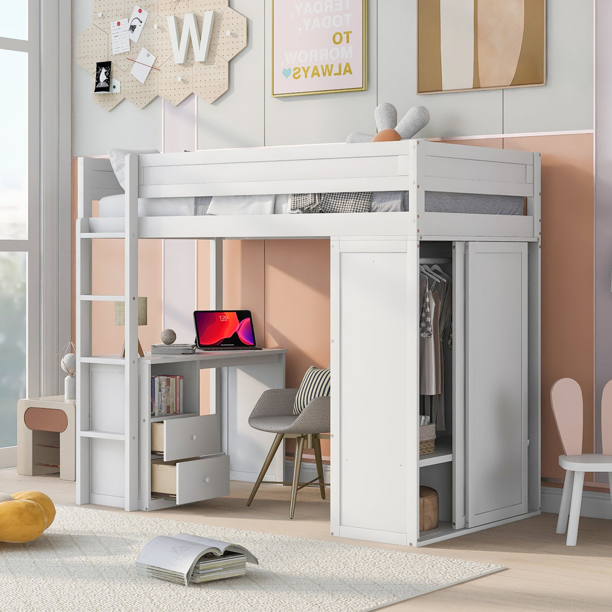 Wood Twin Size Loft Bed with Wardrobes and 2-Drawer Desk with Cabinet White