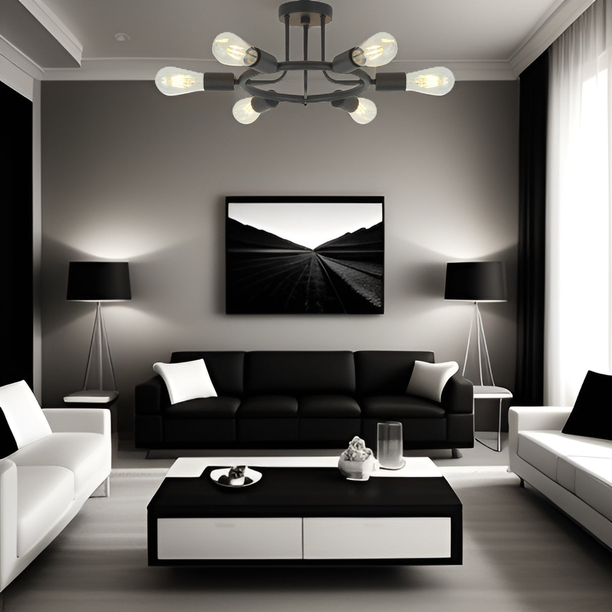 6 Light Modern Sputnik Lights Semi Flush Mount Ceiling Light Black Finished - V.I.P Digital Presence