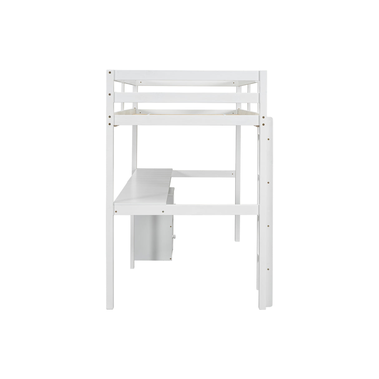 Twin Loft Wood Bed with Under-bed, Built-in Desk, a Storage Cabinet of 2 Drawers, Guardrails, Ladder,White - V.I.P Digital Presence