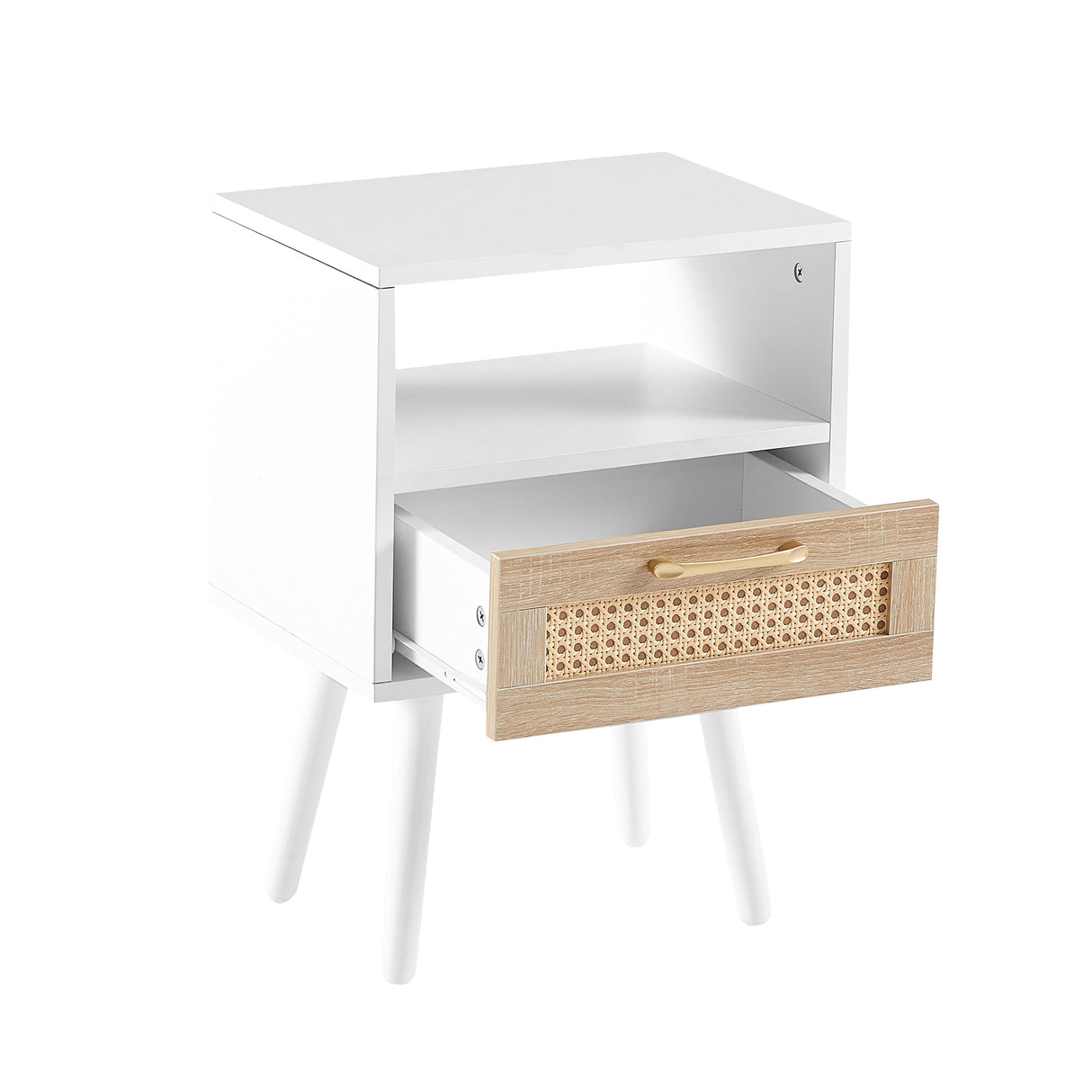 15.75" Rattan End table with drawer and solid wood legs Modern nightstand side table for living room white - V.I.P Digital Presence