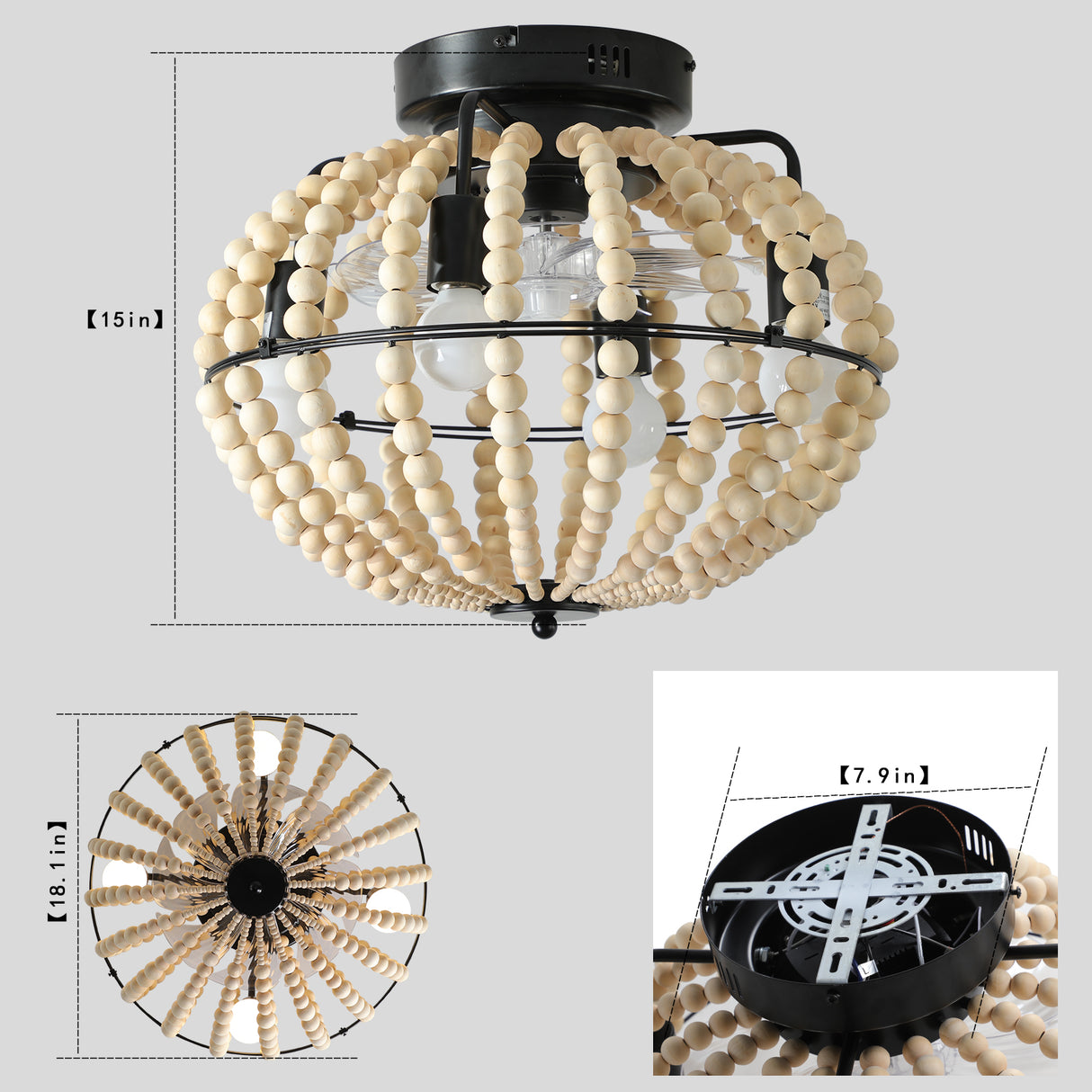Beaded Fan lamp Wood Beaded Chandelier Oak White - V.I.P Digital Presence