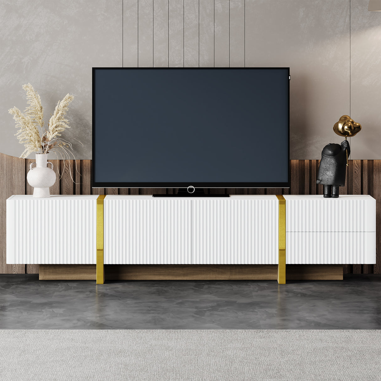Luxury Fluted TV Stand for TVs Up to 80'', Modern Entertainment Center with Storage Cabinets & Drawer White - V.I.P Digital Presence