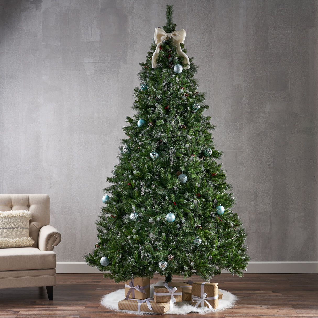 9' Glitter Bristle Mixed Hinged Tree with 72 Red Berry and 73 Pine Cones and 2099 tips,Dia:66 - V.I.P Digital Presence