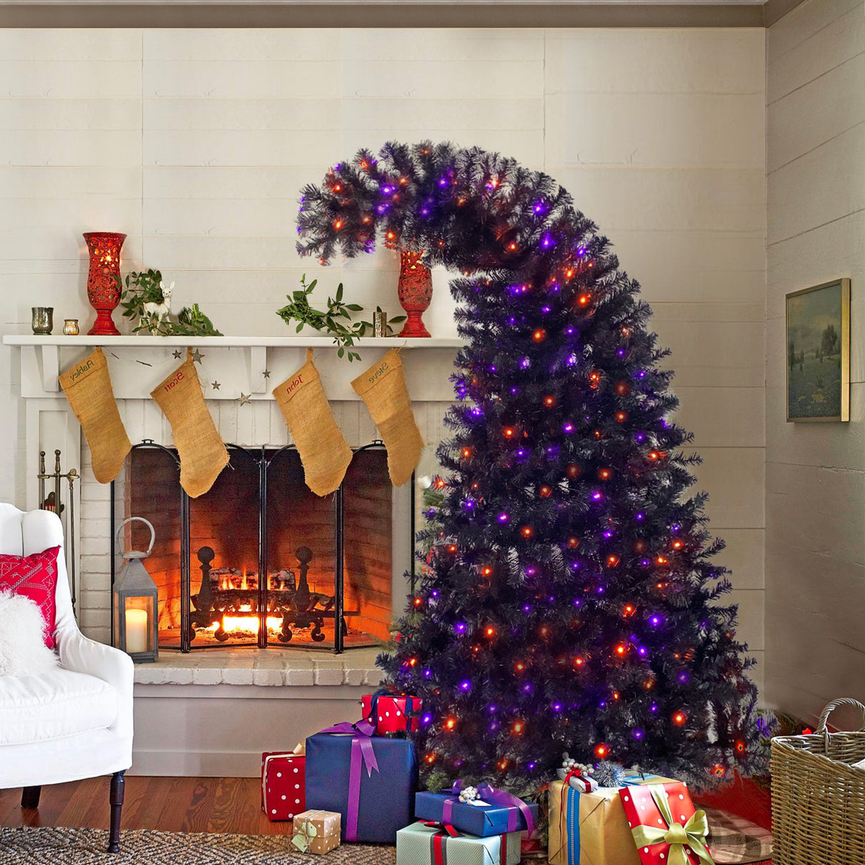 6FT artificial fir curved top Halloween tree, with 1080 lush branch tips and 300 LED lights in a Christmas and Halloween style - V.I.P Digital Presence
