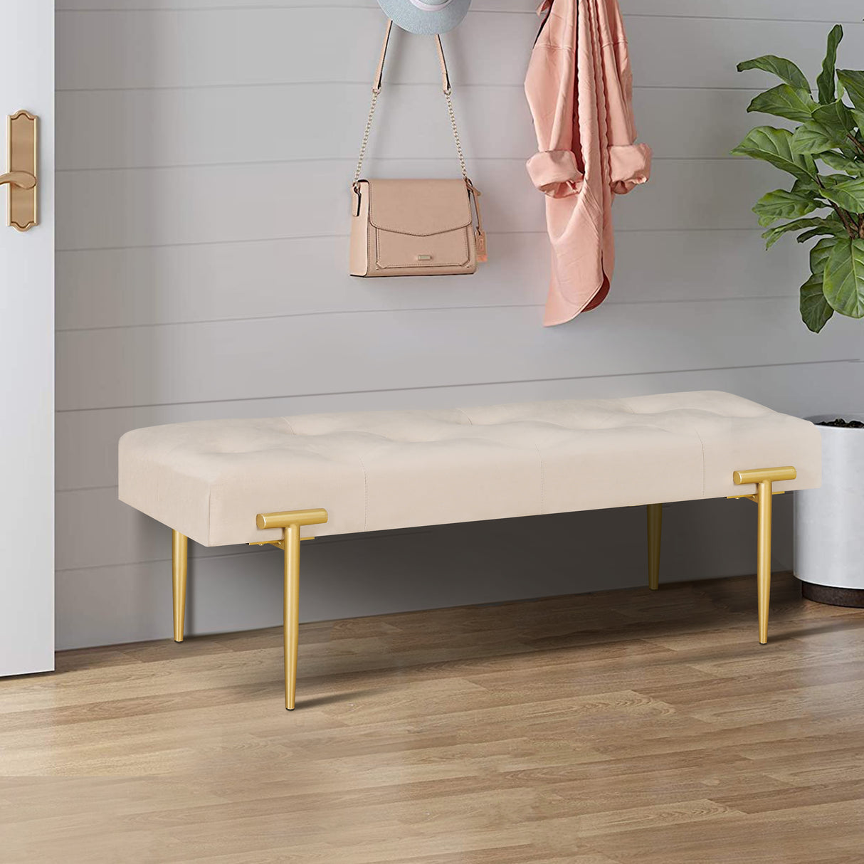 48'' Modern Ottoman Bench Velvet Bench Upholstered Footrest With Gold Metal Legs And Padded Seat For Bedroom Living Room - V.I.P Digital Presence